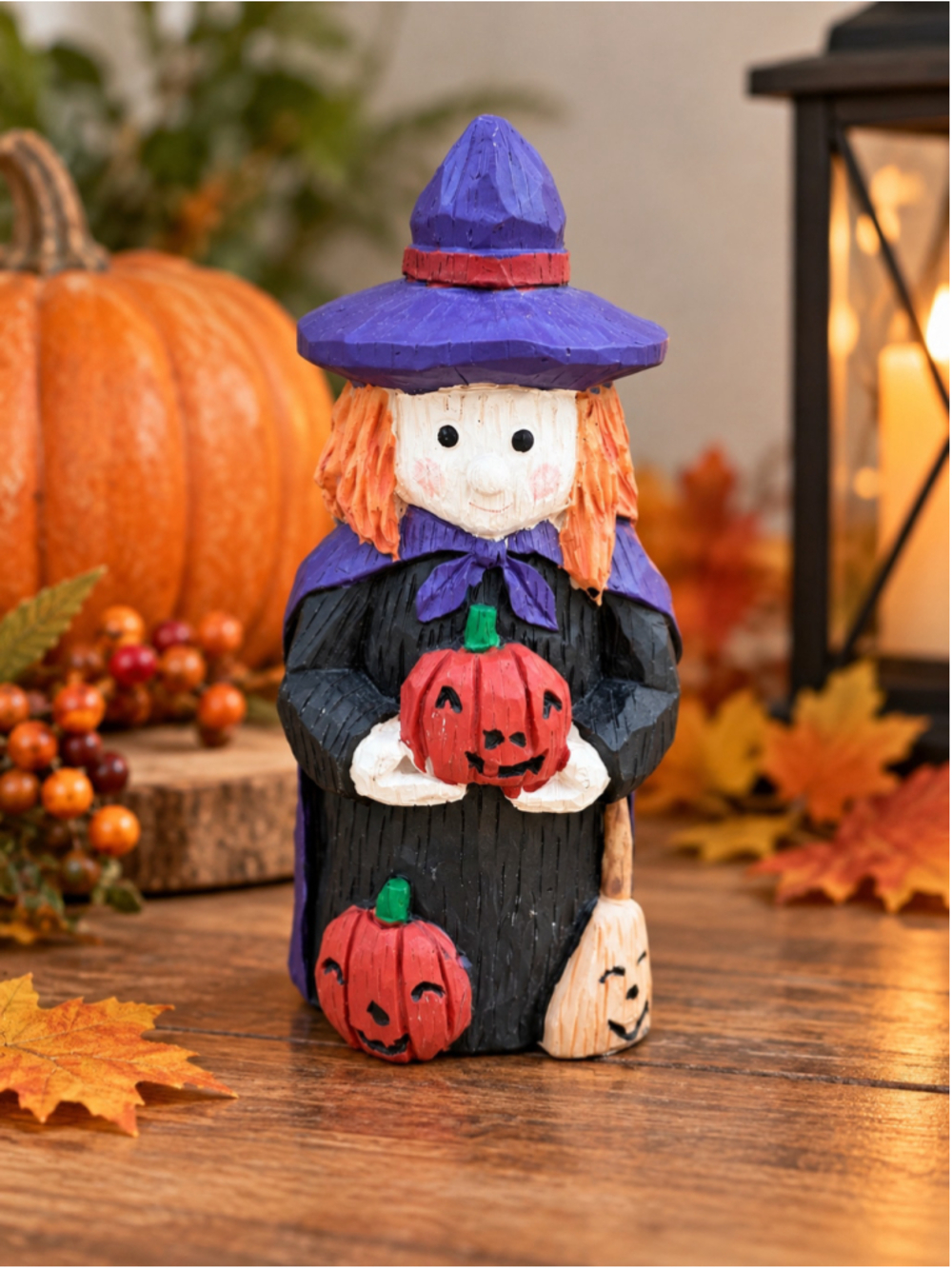 Halloween Witch Pumpkin Broom Resin Figurine Folk Art Decor 4.75"